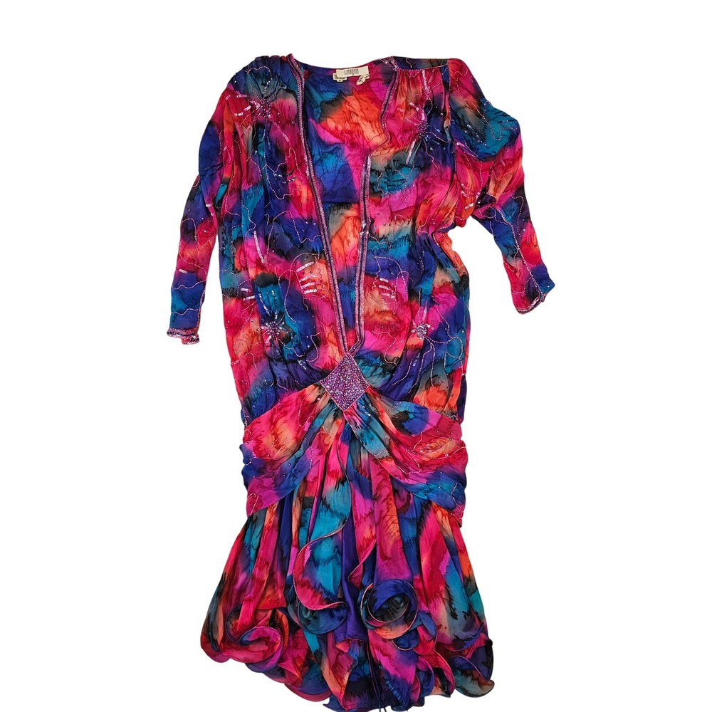 I Magnin Judith Ann Creations Silk Beaded Abstract Ruffle Dress Pink Purple S
